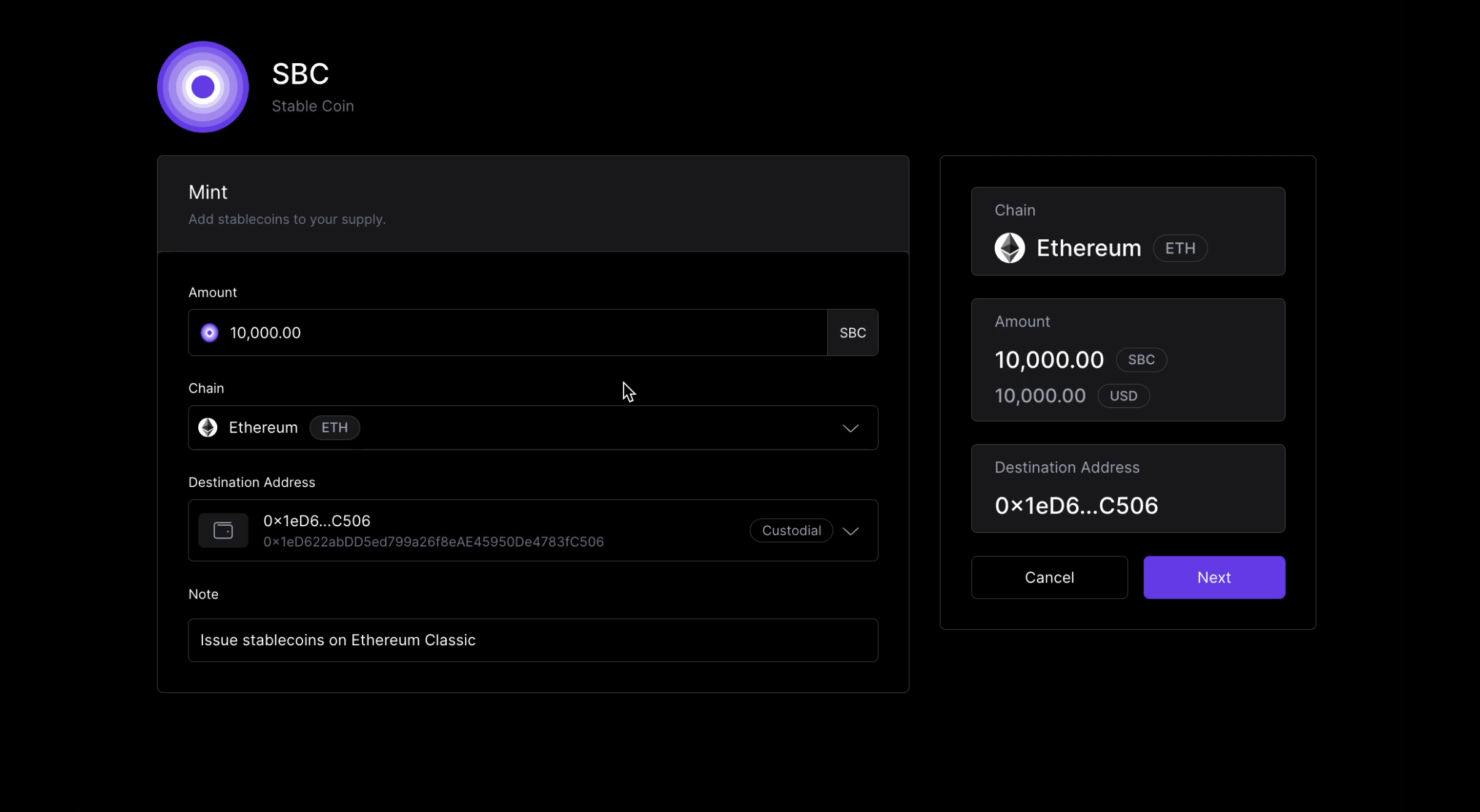 Brale UI recording of selecting the Ethereum Classic blockchain while minting a bespoke stablecoin