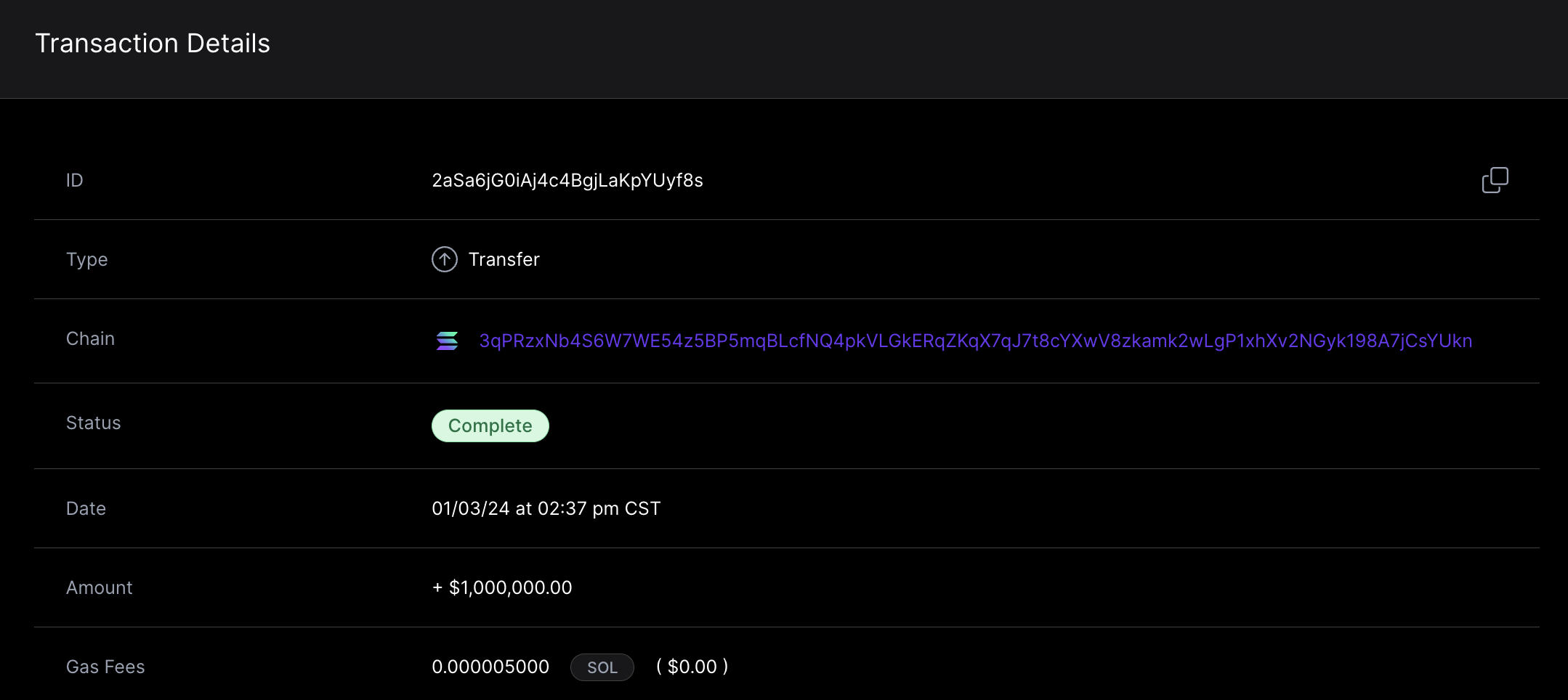 Brale Transfer dashboard transaction
details