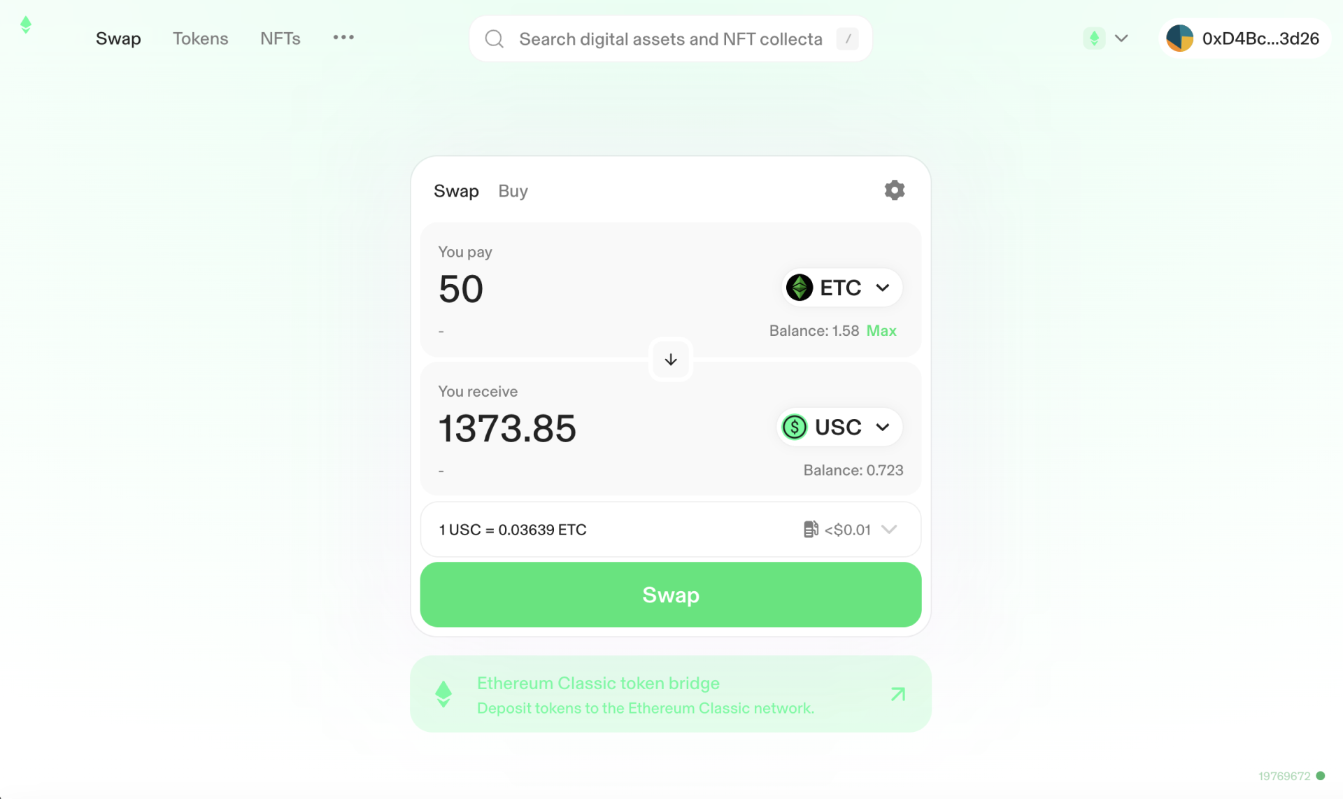 ETCSwap UI showing a swap between ETC and Brale issued USC stablecoin