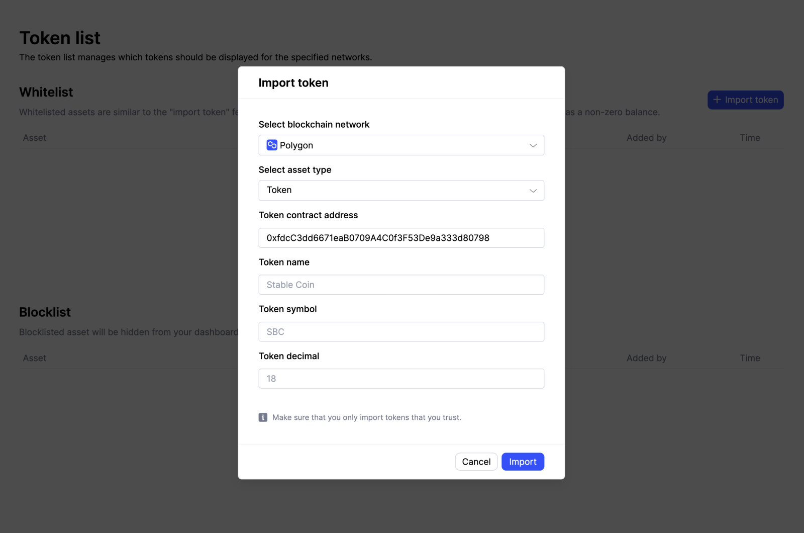 MPCVault UI screenshot for importing a stablecoin token -
Brale