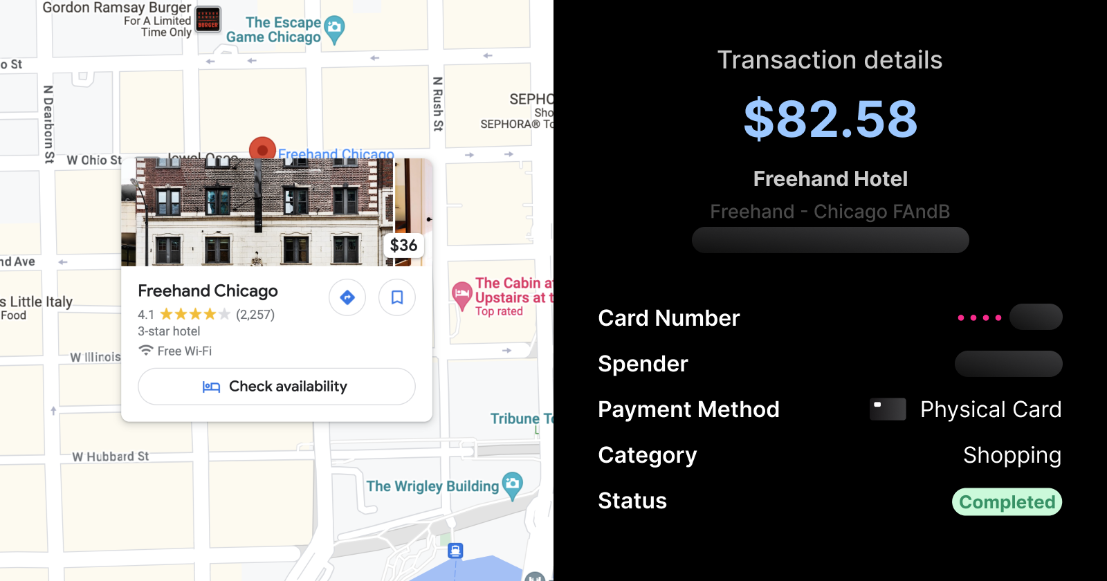 Rain Transaction Details UI for Freehand Hotel transaction | Brale